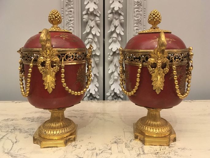 A pair of ormolu-mounted red lacquer potpourri vases with swan handles | MasterArt